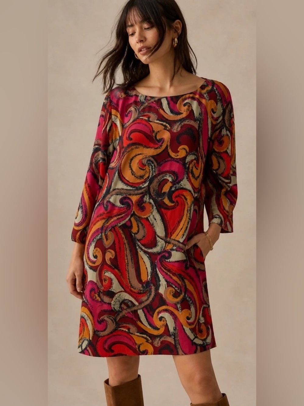 Anthropologie Maeve Bold 70s Flavia Swirl Print 3/4 SIeeve Mini Shift Dress - S - Picture 1 of 8
